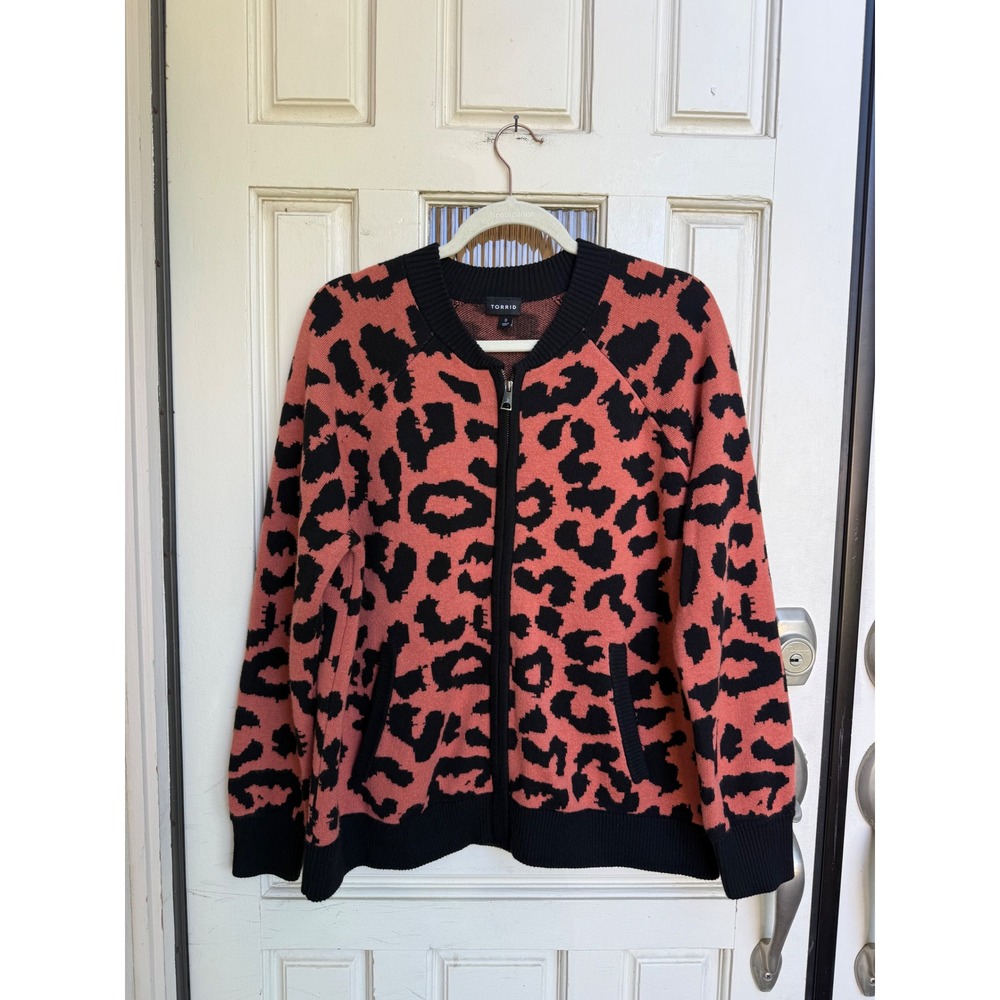 Torrid Womens Leopard Print Zip Up‎ Bomber Cardigan Sweater Rust Black Size 0 XL